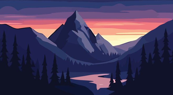Majestic mountain peak landscape at sunset with pine tree silhouettes, colorful twilight sky, serene valley river reflection illustration