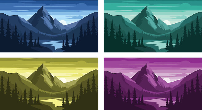 Minimalist mountain landscape illustration set with river valley pine trees in four color schemes representing day night sunset twilight variations