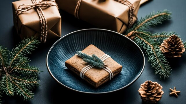 Wrapped presents and fir branches decoration