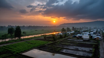 Fototapeta premium A vast rural landscape featuring agricultural fields under a dramatic atmospheric sky during sunrise or sunset