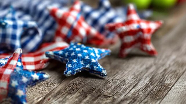 Colorful fabric stars in red, white, and blue arranged on a rustic wooden surface, showcasing a festive and patriotic theme with checkered patterns and vibrant colors
