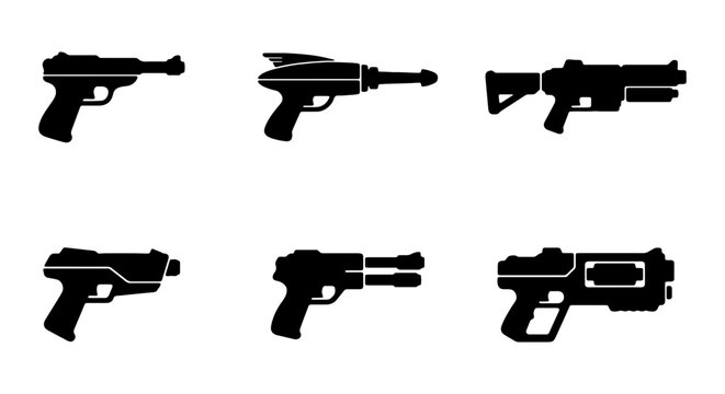 Sci-Fi Pistol Icons, Futuristic Weapon Silhouettes, Retro Space Gun Vector Set