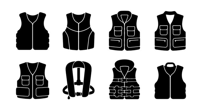 Life Vest Icons Set, Safety Gear Vector Collection, Water Sport Apparel