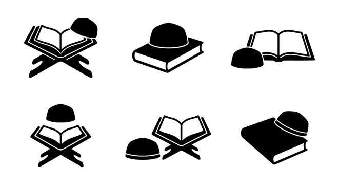 Islamic Book Icons, Quran and Cap Symbols, Religious Study Vector Set