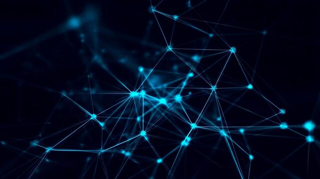Network nodes interconnected with glowing blue lines in a futuristic digital space featuring data connections, technology, abstract background with