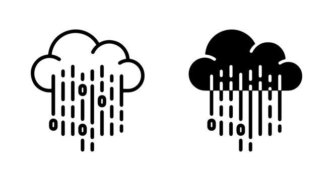 Digital Rain Cloud Icons, Binary Code Storm Vector Art, Data Precipitation Symbols, Technology Weather Graphics