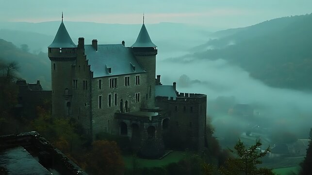 Medieval castle on a cliff surrounded by morning mist in a valley