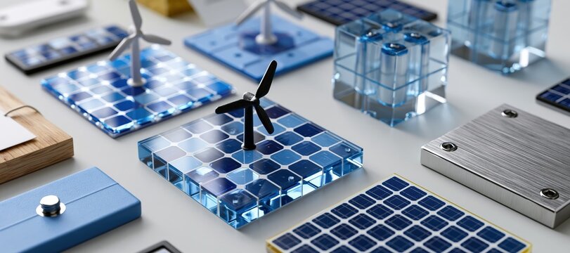 Renewable energy research prototypes on clean tabletop with wind turbines and solar cell samples