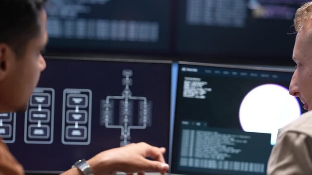 Close up view of tech specialists using a stylus to analyze software source code lines and digital interface graphic elements on a desktop computer monitor.