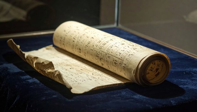 Fragment of an ancient Egyptian papyrus scroll with faded hieroglyphs, gently unfurling on display