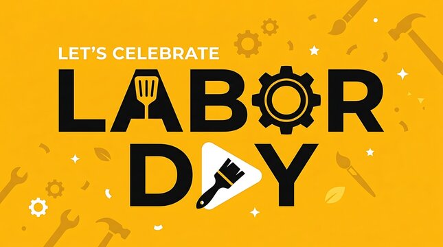 Labor day graphic with tools and gears celebratory yellow background