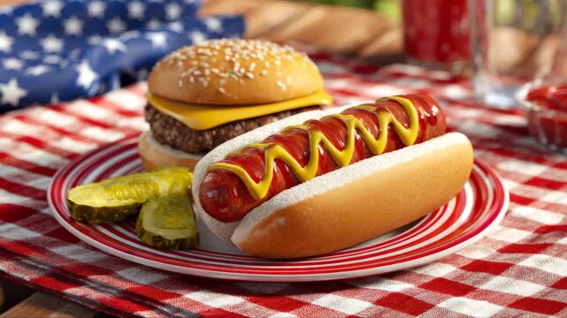 Grilled hot dog with mustard and cheeseburger on a red and white checkered picnic tablecloth, garnished with pickles and a blue star-patterned cloth in the background