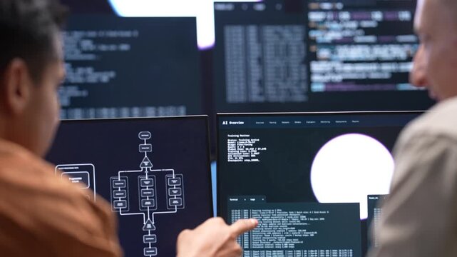 Close up view of tech specialists using a stylus to analyze software source code lines and digital interface graphic elements on a desktop computer monitor.