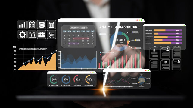 Data Analysis Interface with Graphs, Charts, and Metrics for Business Insights in a Modern Digital Environment Haptic.