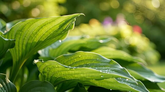 Lush Green Hosta Leaves with Water Droplets in Garden Sunlight.