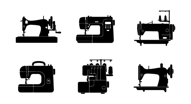 Diverse Sewing Machine Silhouettes, Vintage and Modern Styles, Crafting and Tailoring Equipment Collection, Black and White Vector Icons for Textile Industry