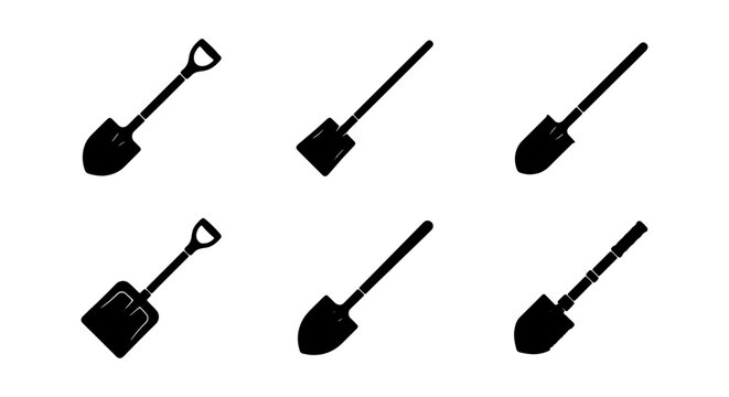 Shovel Icons Set, Garden Tools Vector Collection, Digging Equipment Graphics, Agricultural Implements Silhouettes