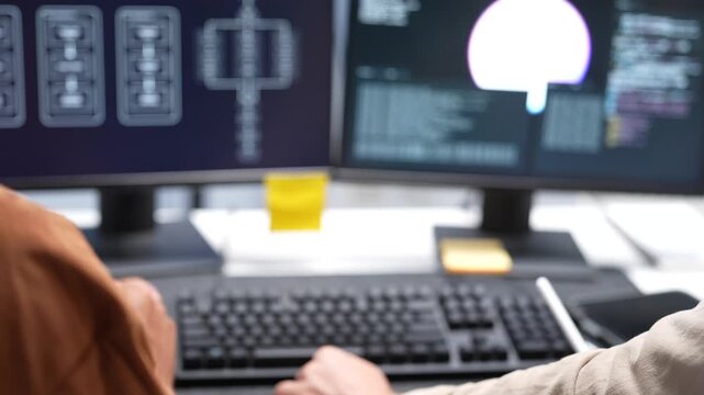 Over the shoulder view of tech developers analyzing software coding lines and circuit architectures across dual monitor desktop screens in a startup office.
