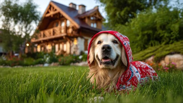 Golden retriever dog wearing a red patterned hoodie lies on green grass in front of a wooden house surrounded by colorful flowers and trees during sunset