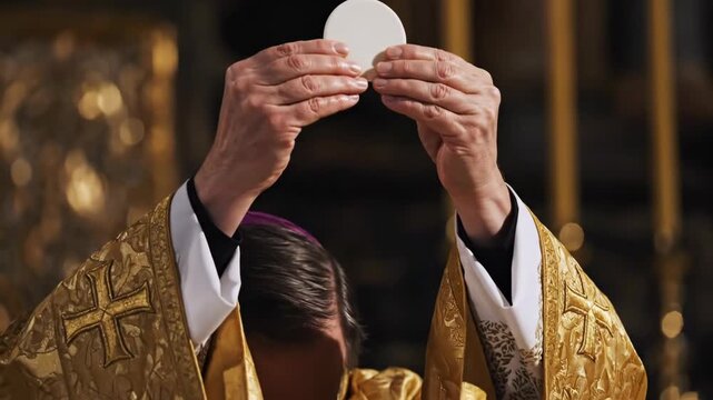 A Catholic priest elevates the host during the consecration of the Eucharist. Close-up of a bishop performing the holy communion ritual in a church. Christian faith and worship ceremony