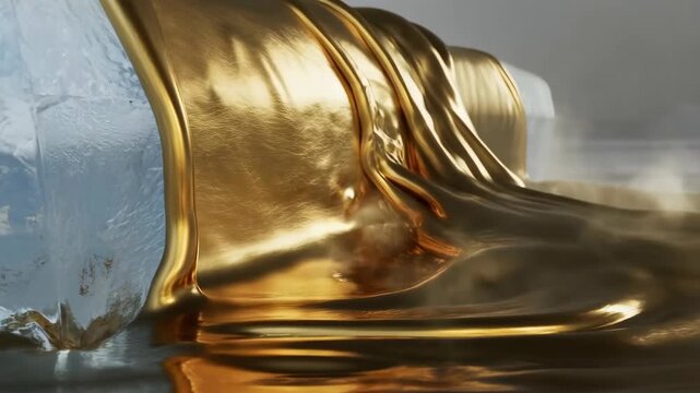 Liquid gold stream pouring from a shiny metallic nozzle onto icy blue surface with mist and reflective highlights