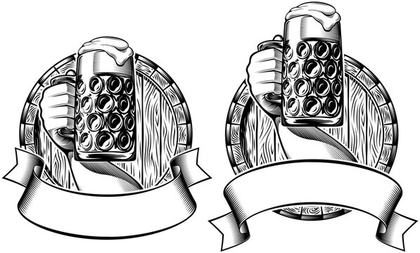 Beer Fest Oktoberfest Prost toast emblem. Human-made label. Vector illustration of a hand raising a beer mug against a wooden barrel with a blank ribbon banner. Retro monochrome engraving style