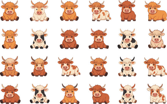 Scottish highland cow characters set with fluffy farm animals in different colors and cute poses
