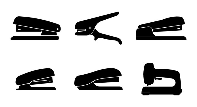 Office Stationery Icons: Staplers, Punch, and Staple Gun Vector Set