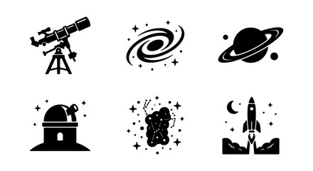 Space Icons Set: Telescope, Galaxy, Saturn, Observatory, Rocket, Constellation © Rashedul