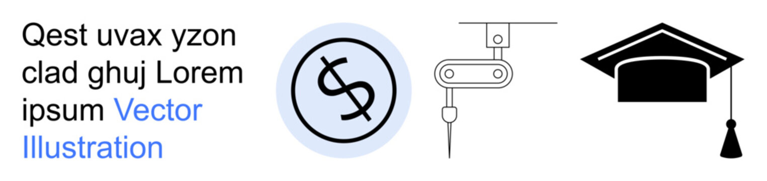 Education, automation, financial aid, technology, industry, innovation. Dollar symbol, robotic arm and graduation cap icons. Financial aid and automation integration concept