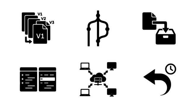 Software Development Icons: Version Control, Workflow, Data Transfer, UI, Network, Undo