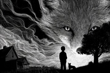Fototapeta premium Lone child stands before a massive, watchful fox. The fox's eyes glow with ancient wisdom. Its form rises from stormy skies, textured with intricate lines. Small dog sits at the child's feet, calm