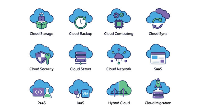 Set of 12 Flat Design Cloud Services Icons for Technology and Business, Including Cloud Storage, Backup, Computing, Sync, Security, Server, Network, SaaS, PaaS, IaaS, Hybrid Cloud, and Migration.