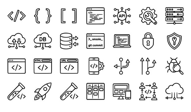 Modern programming coding and developer outline vector icon set