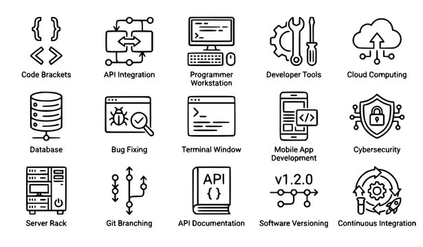 Programming and software development outline icon set vector illustration