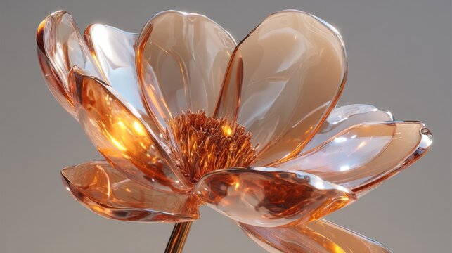 Transparent glass flower glows warmly. Petals curve softly, catching light with grace. Center sparkles with amber warmth. Stem rises thin, elegant against muted backdrop