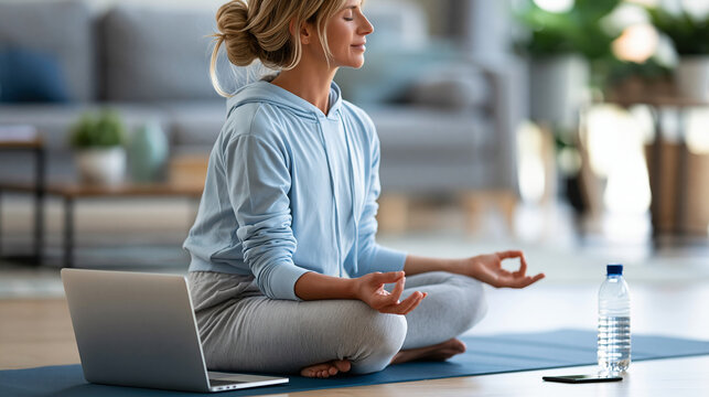 Woman following an online yoga class at home on a mat, digital wellness, home fitness routine, self-care concept, defocused living room background, with copy space