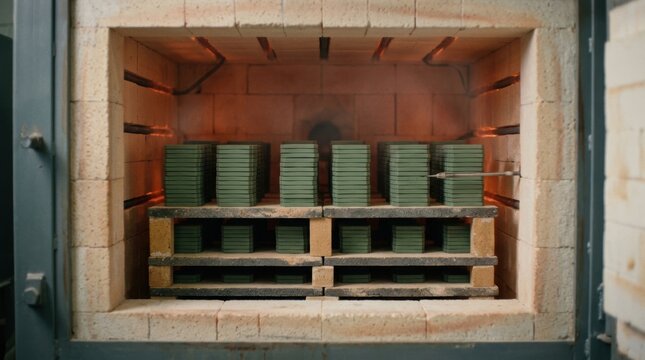 Batch furnace interior revealing ceramic stacks arranged for simultaneous firing emphasizing uniform heat distribution during hightemperature densification.