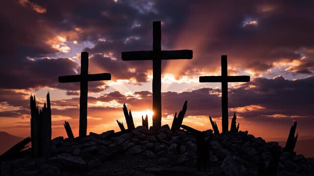 Three crosses silhouetted on a hill at sunset. Time-lapse of clouds and sun rays behind the crucifixion of Jesus Christ. Christian faith and Easter concept