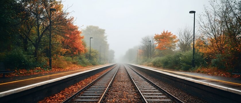 Foggy autumn railway with colorful trees on sides