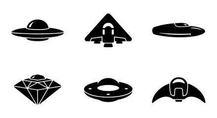 Alien Spaceship Icons, UFO Vector Set, Sci-Fi Craft Collection, Futuristic Flying Objects © Farzana