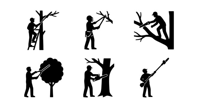 Arborist Tree Care Icons, Arboriculture Services, Garden Maintenance, Professional Pruning Set