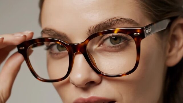 A young woman with green eyes adjusts her stylish tortoiseshell glasses. Close-up portrait of a smiling model wearing fashionable eyewear. Vision and optometry concept