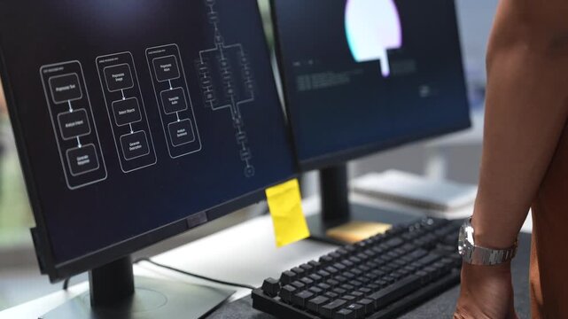 Over the shoulder view of tech developers analyzing software coding lines and circuit architectures across dual monitor desktop screens in a startup office.