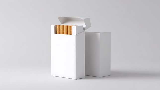 Blank white box of products, open pack with items inside, and a closed box on a clean gray background, ideal for mockup and design presentation