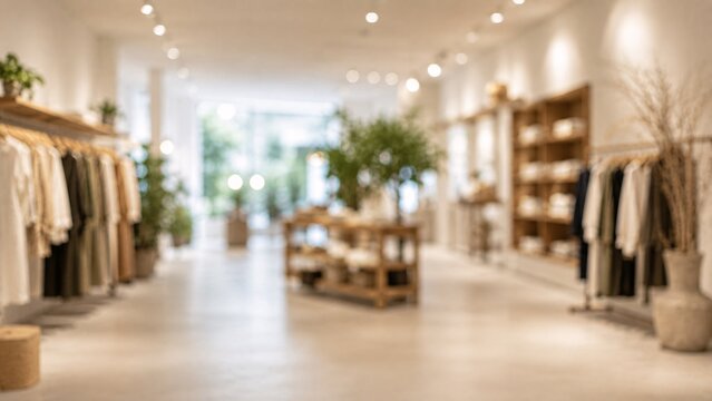 Bright blurred background of a minimalist concept store or eco friendly clothing boutique