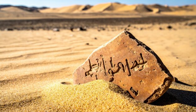 Ancient Egyptian pottery shard ostracon inscribed with demotic script rests in desert sand