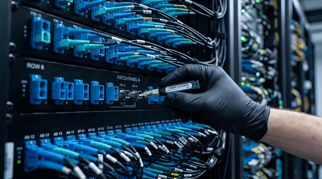 Person cleaning data center patch panel, server room maintenance