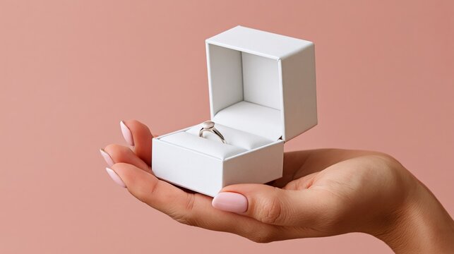 Woman's hand holding an open white jewelry box with a ring inside