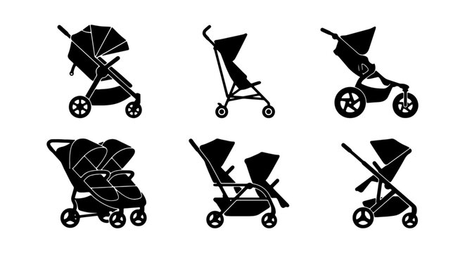Baby Stroller Icons, Pram Silhouettes, Compact Pushchair Vector Set